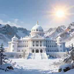 a scene concept design depicting a snow - covered palace in the changbai mountains under the shine of the sun, with a magnificent atmosphere ， super wide angle ， matte painting ， rtx on ， by huang guangjian and fenghua zhong ， trending on cgsociety and artstation, unreal engine ， volumetric light ，