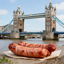 award winning photo of the london bridge made of sausages