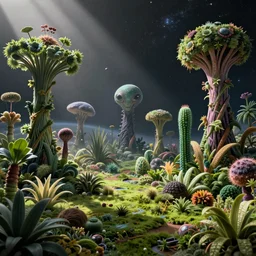 photo of a beautiful alien landscape, on an alien planet, lush vegetation made up of alien plants, universe in the background, matte painting