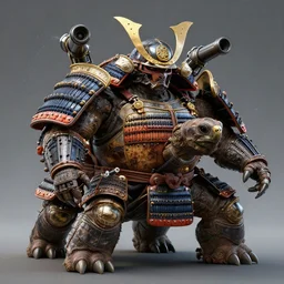 tortoise in heavy samurai armor with water cannons mounted, hifi, artstation, hyperrealistic