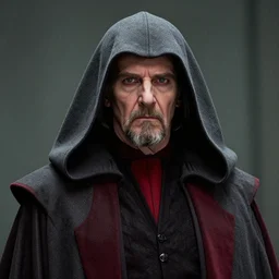 portrait of emperor palpatine sidious played by ian mcdiarmid with a big hood, in shades of grey, but with red, by jeremy mann