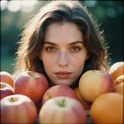 analog close up frontal face portrait photography of a beautiful woman surrounded by apples and oranges by annie leibovitz. vogue. kodak portra 8 0 0 film. ( depth of field ). whirl bokeh!!. golden hour. detailed. hq. realistic. warm light. muted colors. filmic. dreamy. lens flare. mamiya 7 ii, f / 1. 2, symmetrical balance, in - frame