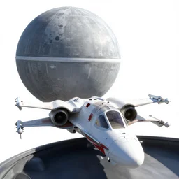 “looking out from the cockpit of a small x-wing space fighter, the Death Star is in the distance, in the style of Star Wars”