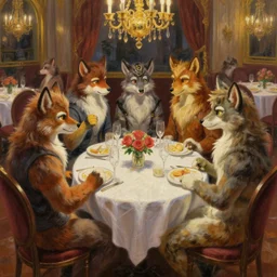 a romantic dinner date fancy restaurant scene, but it's all furry anthro fursonas. trending on pixiv and artstation. absurdly - detailed oil painting, by james gurney, dan mumford, wayne reynolds, ron spencer, gustave dore, charles monet