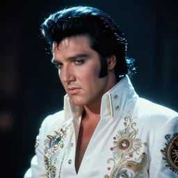 elvis presley, style of moebius, james jean, mcbess, glowing ethereal hair, cinematic, highly detailed, award winning, 8 k photorealistic