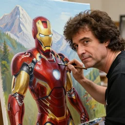 a closeup photorealistic photograph of bob ross diligently finishing a canvas painting of iron man. mountains and trees. film still. brightly lit scene. this 4 k hd image is trending on artstation, featured on behance, well - rendered, extra crisp, features intricate detail, epic composition and the style of unreal engine.