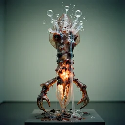 a perfect photograph of an ornately decorated squid sculpture of a haunted man, vile saliva bubbles erupting all over his head and dripping with semi molten plastic tubes over his illuminated, pathetic, purulent ragged body. 3 5 mm film, studio lighting and gallery quality