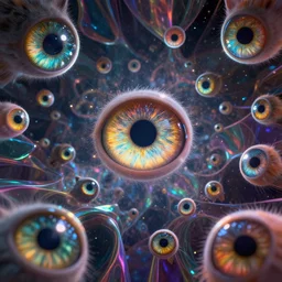 8K UHD cinema4D, Octane render of many eyes of cats, only the eyes floating in the dark universe, large and small eyes only, specular high refractive dust motes circling the cat's eyes , multiple vibrant trippy colors, in the background an endless mirror and iridescent veils with starry speckles , very realistic, sense of rapture, meaningful, magical atmosphere, brilliant shine, DoF wide , full shot