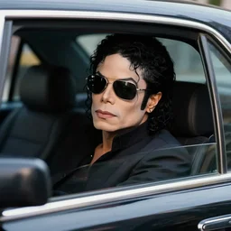 michael jackson 2 0 0 9 wearing shades, alone, this is it style, photo real, pores, motion blur, sitting in black car with window open, by himself, real life, spotted, ultra realistic face, accurate, 4 k, movie still, uhd, sharp, detailed, cinematic, render, modern