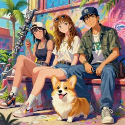 beautiful anime painting of sunny hiphop solarpunk royal summertime chill with corgi, by dao le trong, daniela uhlig, craig mullins, craig davison. trending on artstation, 8 k, masterpiece, graffiti paint, fine detail, full of color, intricate detail, golden ratio illustration