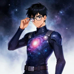 character art by bastien lecouffe - deharme, young man, black hair, galaxy powers, wearing glasses