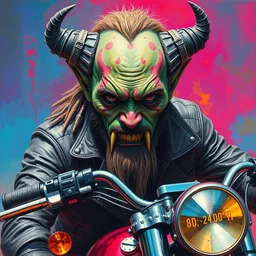 portrait of an apocalyptic scifi orcish biker character on a motorcycle, psychedelic vibrant colors, highly detailed oil painting by michael whelan art, futuristic punk rock fashion, perfect face, sharp focus, detailed eyes, realistic, leather jacket, 8 k