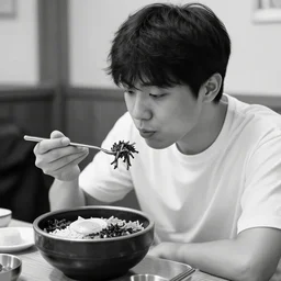a man eating bibimbap by huskmitnavn, black and white