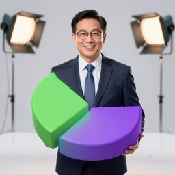 hyperreal lifelike corporate portrait, anthropomorphic edible piechart, snake oil ceo, purple green color scheme, professional studio lighting