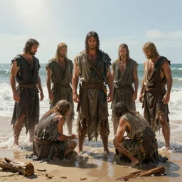 a band of ancient heroes wearing robes washing up on a sandy shore, tattered clothing, fragments of wood, crashing waves, by greg rutkowski, heroic, soaking wet, bright sun, calm sky, dramatic, realistic, detailed, ancient, artstation, artgerm, digital painting