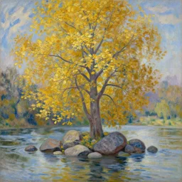 a highly detailed matte oil painting by monet, afremov, and greg rutkowski of a very tall tree with lots of golden leaves growing on a pile of rocks in the middle of a river.