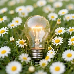 a photograph of a light bulb in a field of daisies