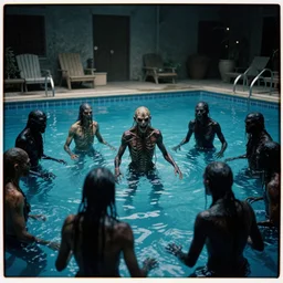 terrifying reptile humanoid creatures of the abyss, lurking, waiting, hiding, in a shady public swimming pool, liminal spaces, ritual occult gathering, 3 5 mm film photo, film grain