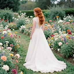 analog photograph of beautiful red - haired bride from the back wearing a long flowing wedding dress in stunning flower garden on a stone pathway with an archway at sunset by mark owen. pastel colours. hessian. bokeh. cinematic. hq. detailed. contrast. cinestill 8 0 0 t