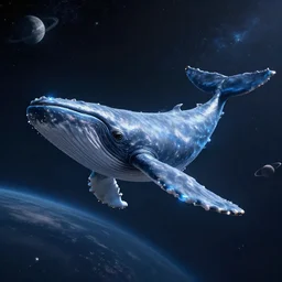 highly detailed cinematic scifi render of a flying whale in the space, stars and planets, hyper detailed, digital art, led lighting, studio quality, smooth render, unreal engine 5, octane render, trending on artstation