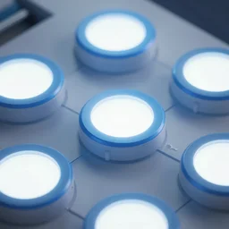 close - up cinematic shot of glowing circular cyborg nodes, white central glow around blue ring, hyper detailed schematics neural sci fi, high octane cybernetics, featured on cgsociety, ultra 4 k concept