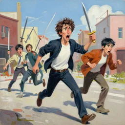 greg manchess portrait painting of scared people running from falling swords, organic painting, sunny day, matte painting, bold shapes, hard edges, street art, trending on artstation, by huang guangjian, gil elvgren, ruan jia, randy vargas, greg rutkowski