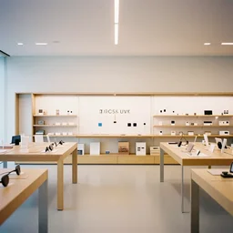 interior photography of a Microsoft Samsung flagship store in the style of Wes Anderson and Denis Villeneuve, architecture magazine, dezeen, 50mm, pentax, film