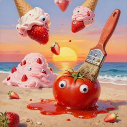 a funny detailed high resolution oil painting with dirty old brush of a lazy red burning and melting tomato with to many googly eyes on a beach to hot for the sun, big piles of strawberry icecream in cones falling from the sky on a sunset by james jean