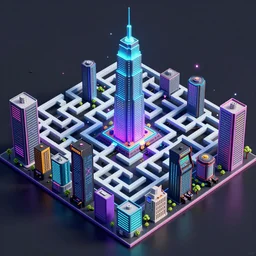 wimmelbilder maze made of 80's arcade skyscrapers, isometric, octane render, particle effects, unreal engine