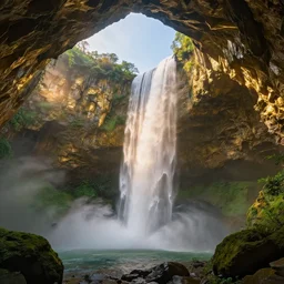 a beautiful and stunning professional digital artwork of a humongous gold cave, haze, waterfall, volumetric lighting, hyperrealistic, green, blue, sunset, unreal engine 5, ultra detail