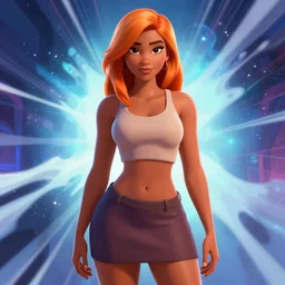 upper body illustration of a beautiful latin girl, brown skin, orange hair, small waist, she wears a pretty miniskirt, mattepainting concept blizzard pixar maya engine on stylized background splash comics global illumination lighting artstation, sharp focus, lois van baarle, ilya kuvshinov, rossdraws
