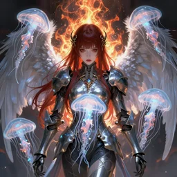 angel knight gothic girl. intricate, centered, amazing composition by amano yoshitaka, by rembrandt, illustrious makinami, digital art, digital painting, artstation trending, unreal engine, fractal flame, transparent jellyfish, transparent feathers, bio luminescent,