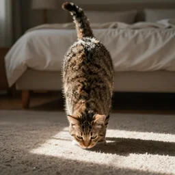 the bottom half of a cat inverted, sitting on the carpeted floor of a bedroom