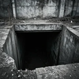 outside a large dark sewer exit, brutalist environment
