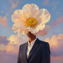 portrait, giant flower as a head, black woman in suit, surreal photography, golden hour, colorful clouds, impressionist painting, digital painting, artstation, simon stalenhag