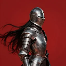 three quarter view portrait of a female knight with long black flowing hair, kaldor helmet with spikes on top, red background, very masterful