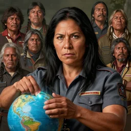 epic portrait of slightly muscular indigenous visionary sheila wattcloutier serious wearing shirt instructor uniform with scales laser pointing globe, detailed, artstation, concept art, donato giancola, joseph christian leyendecker, wlop, boris vallejo, stron eyes, highest resolution, extremely detailed beautiful, establishing shot, artistic, hyperrealistic, beautiful face, enhanced hands, octane render