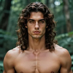 close up, portrait of a muscular man, chiseled features, beautiful flowing brown wavy hair, slightly curly hair, mythological, god of nature, defined muscles, artsy photography, film photo, 4 k, model posing, deep tan skin, trending on artstation, fashion photography, yellow eyes, overgrown background, dryad, verdant forest, face, very long luxurious hair