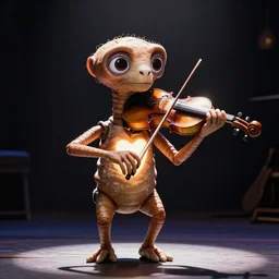 E.T. playing the violin in the spotlight on stage with his heart glowing