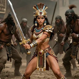 action scene, aztec princess fights barbarians,rich Aztec jaguar armor,ligtt sword, vertical composition, inspired by monster hunter and westerns, muscular body, clean beautiful symmetrical face,  subtle make up, epic,dramatic lighting, cinematic, establishing shot, extremely high detail, photorealistic,  provocative , cinematic lighting, artstation, octane render, dark fantasy ,old photo, vintage