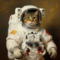 cat cosmonaut, proudly posing for a portrait, painted by rembrandt, intricate, detailed, atmospheric lighting, golden hour.