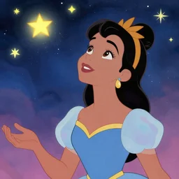 disney film cel ( 1 9 5 9 ), hispanic princess looking up dreamily at the stars, glen keane, colorful