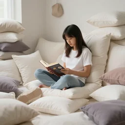 a girl sitting down reading a book in a world made of pillows, photorealistic, 4 k, digital art