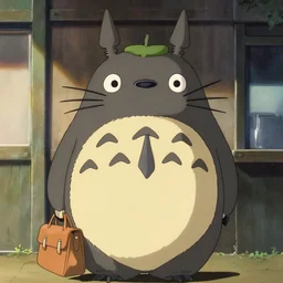still from studio ghibli movie My Neighbor Totoro, Hayao Miyazaki,barn owl in a black suit wearing an office bag going to the office, symetrical face