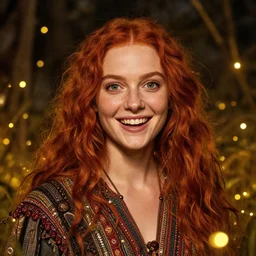 a totally amazed smiling anastasia ivanova surrounded by golden firefly lights in a mesmerizing scene, fully covering intricate detailed bohemian outfit, red hair, precise linework, accurate green eyes, small nose with freckles, beautiful smooth oval head, expressive emotions, hyper realistic ultrafine portrait by artemisia gentileschi, jessica rossier, greg rutkowski, artgerm