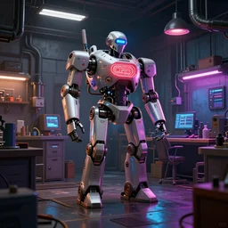 realistic dieselpunk robot repair workshop, neon glow, volumetric lighting, strong shadows, reflections, high contrast, glowing robot motifs, octane render, bladerunner, loish, cinematic