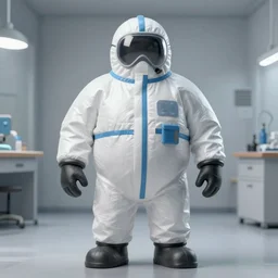 a stocky humanoid wearing a hazmat suit, standing in a room