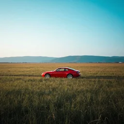 amazing photography work of beautiful landscape, open field and red car, soft glow of light, vibrant cool color palette, masterpiece, art work by greg rutsowski, high details, very sharp