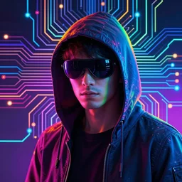 a technopathic hacker in cyberspace, circuit, circuitry, portrait, lens distortion, colorful, rainbow, spectral color, saturated, neon, electric colors, high contrast, 5 - dimensional, 5 d, atari graphics, amiga ocs graphics, vr, non - euclidian, quasi - regular