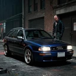 RS Blue Audi RS 2 Avant (1995), black car, a gritty neo-noir, dramatic lighting, cinematic, establishing shot, extremely high detail, photorealistic, cinematic lighting, artstation, by simon stalenhag, Max Payne (PC) (2001) winter new york